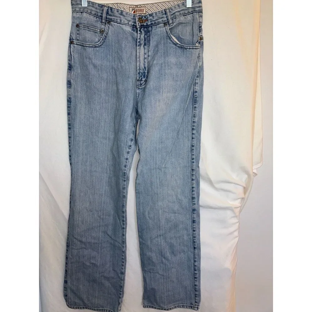 Road Jeans Men Size 33x34 Blue Denim Pockets Flat Front Regular Fit Straight Leg
